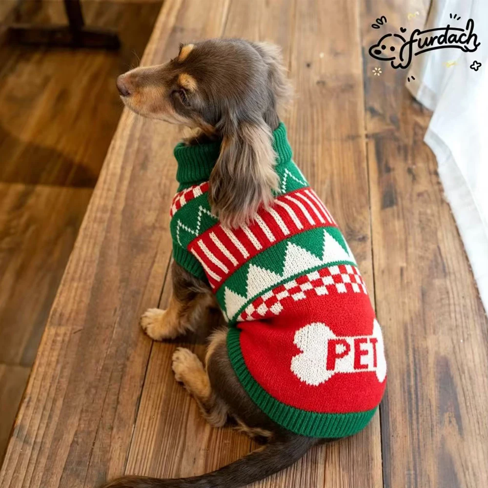 Gebreide kerstjas voor teckels, loungekleding voor teckels, klassieke Britse wintertrui voor teckels.