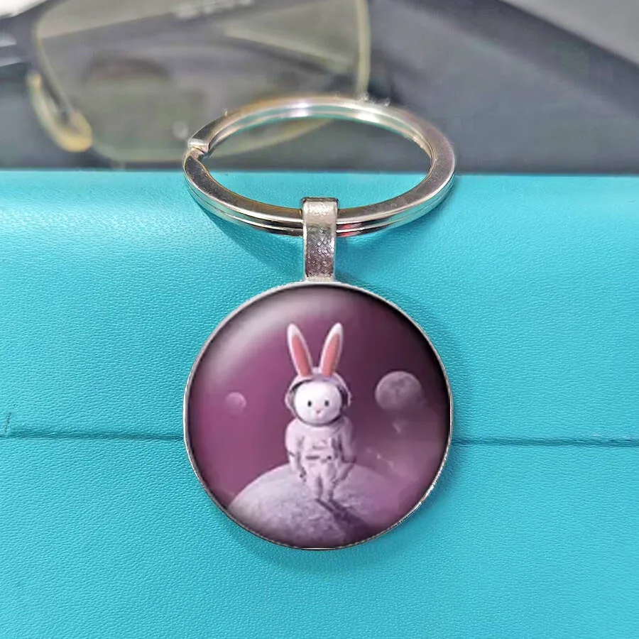 Cute Glasses Astronaut Rabbit Glass Keychain, Adorable White Bunny Spacesuit Starry Night Print Round Cabochon Key Ring Charm