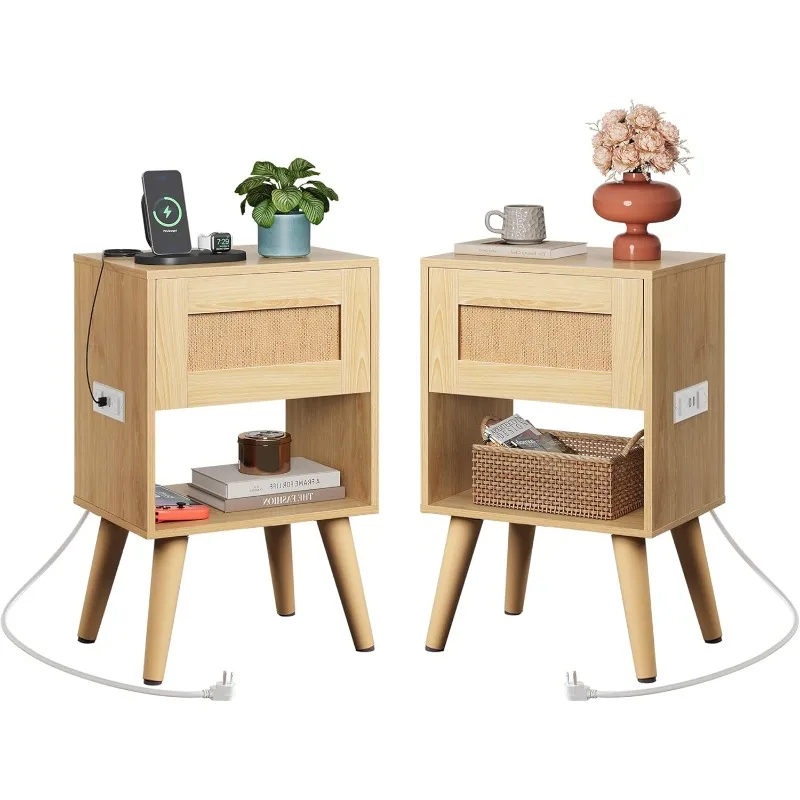 

WLIVE Rattan Nightstands Set of 2with Charging Station,Boho Nightstand, Wood Side Table,Small End Table with Drawers,Natural Oak