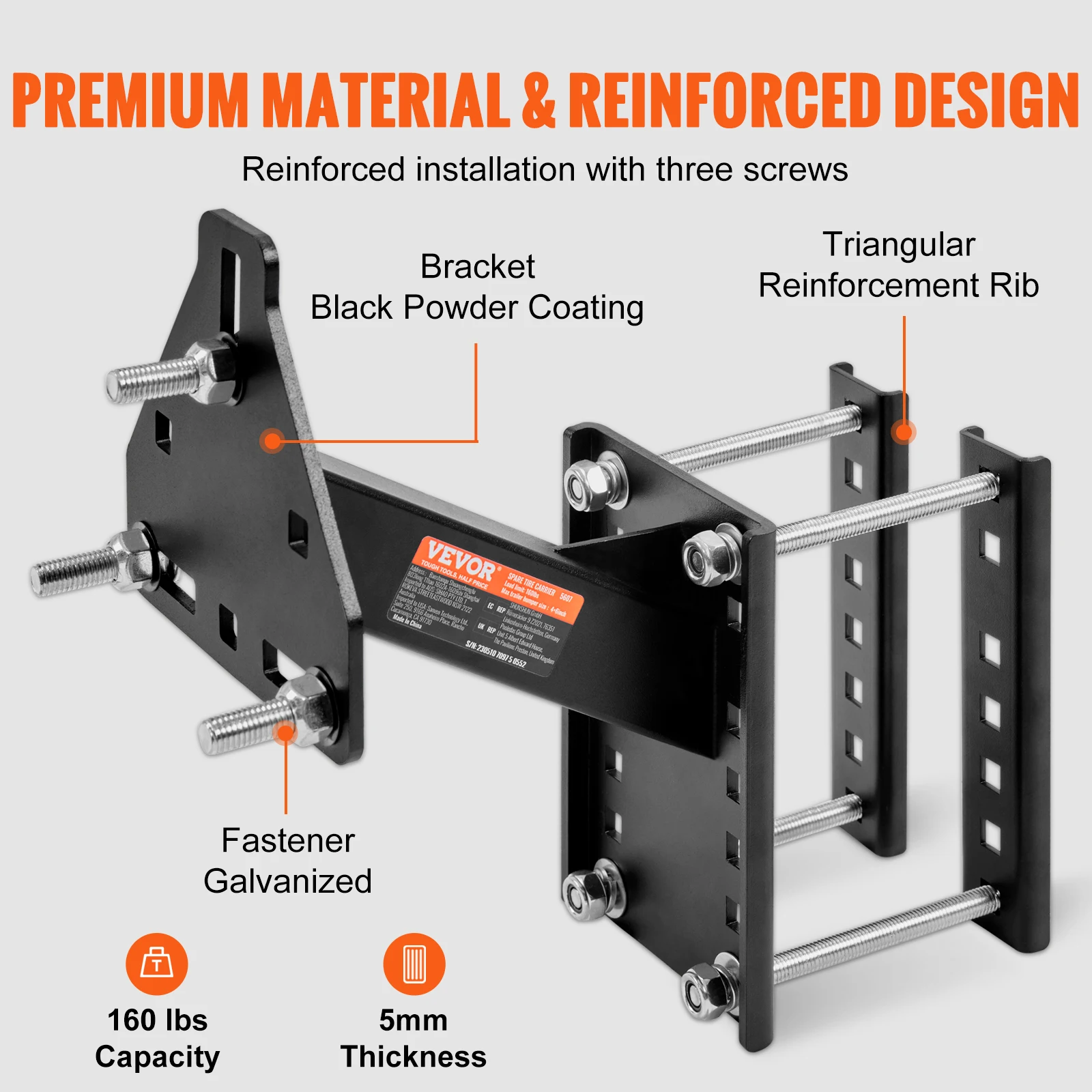 VEVOR 160 lbs Spare Tire Carrier with Mounting Screws Bracket Lugs On Bolt Patterns Tire Mount Wheel Holder for Trailers RV