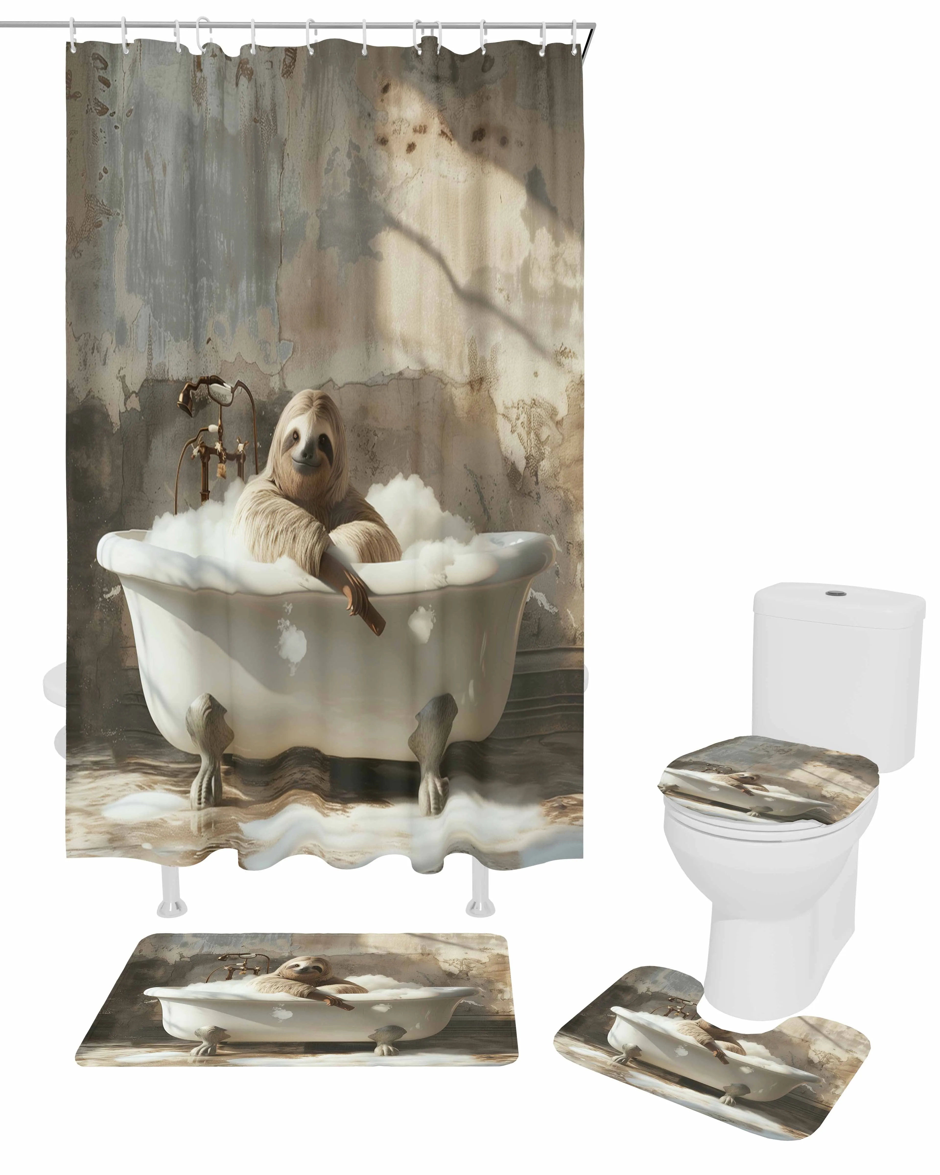 

Vintage Oil Painting Sloth Shower Curtain Set Non-Slip Rugs Bath Mat Toilet Lid Cover Waterproof Bathroom Curtain