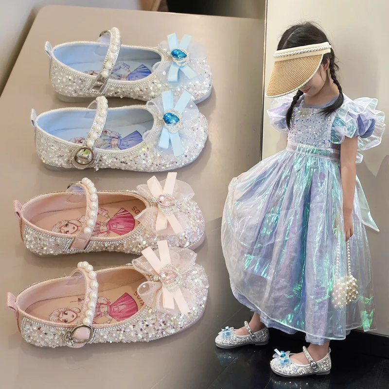 Disney Girl\'s Crystal Shoes Korean Baby Princess Shoes With Sequin Water Diamond Bow Children\'s Soft Sole Square Mouth Shoes