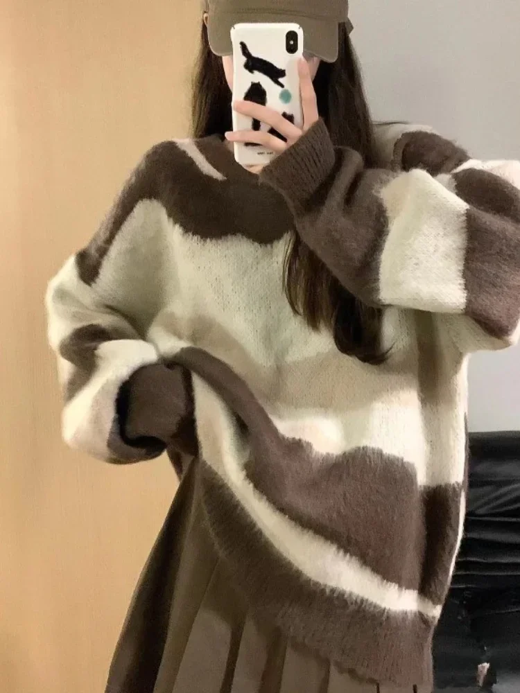 Pullovers Women Loose Fit Furry Chic Soft Casual Sweet Lovely Girl Korean Fashion Striped Vintage All-match Knitted Autumn Young