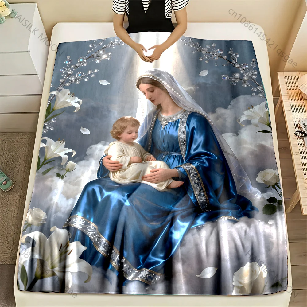 The Blue-clad Virgin Mary Embraces the Christ Child Blanket Warm Soft Fluffy Kids Adult Sofa Bed Throw Blanket Travel Camping RV