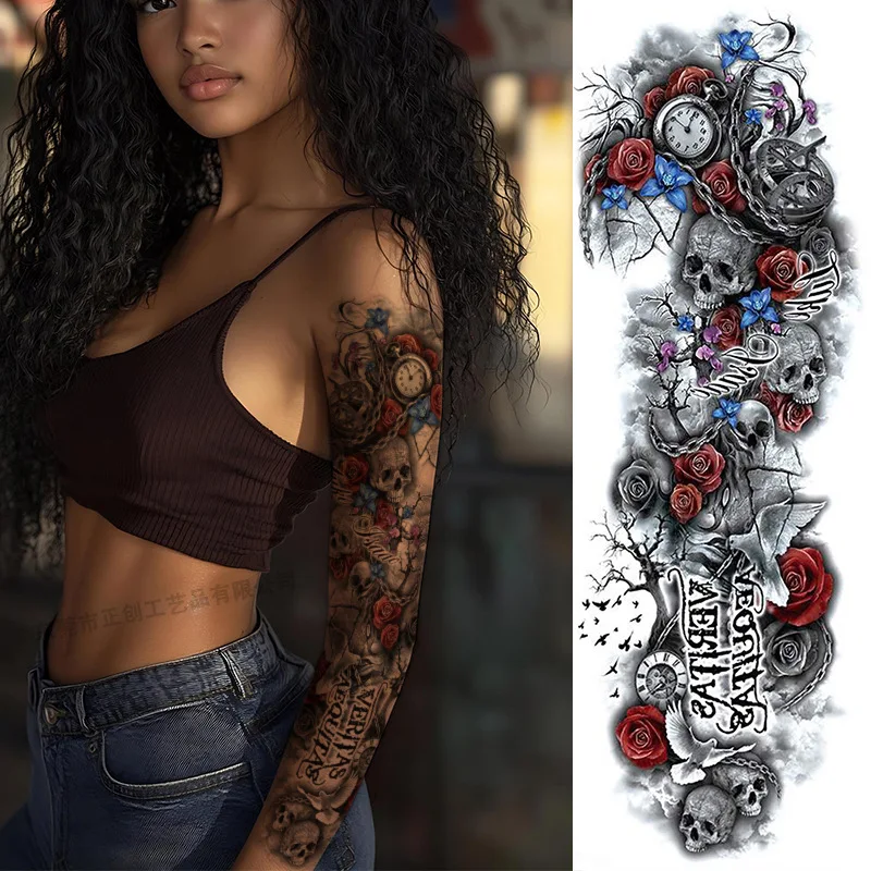 

Full Arm Tattoo Sticker Full Arm Large Picture Black and White Color Sticker Waterproof Cool Tattoo Sticker