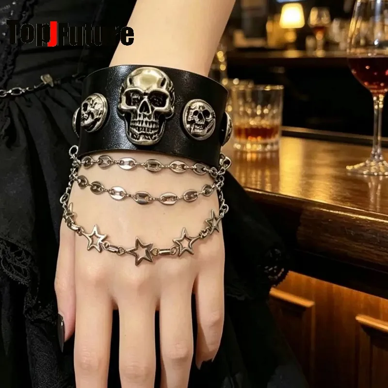 Alternative Subculture Y2K Spicy Girl Gothic Rock Punk Alloy Skull Rivet Chain Bracelet Heavy Metal Craft Streetwear Wristband