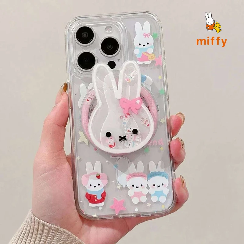 Cute Miffy Phone Shell Suitable for Iphone 17 16 15 14 Bowknot Rabbit  Magnetic Stand Transparent Anti Drop Phone Case Girl Gift