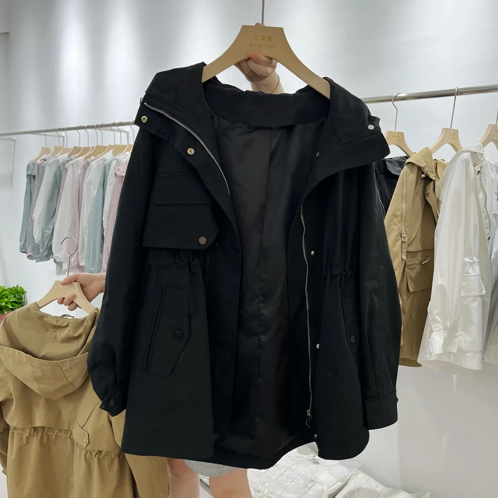 SuperAen Khaki Hooded Trench Coat for Women Spring and Autumn 2023 New High-end Korean Style Jacket and Coat