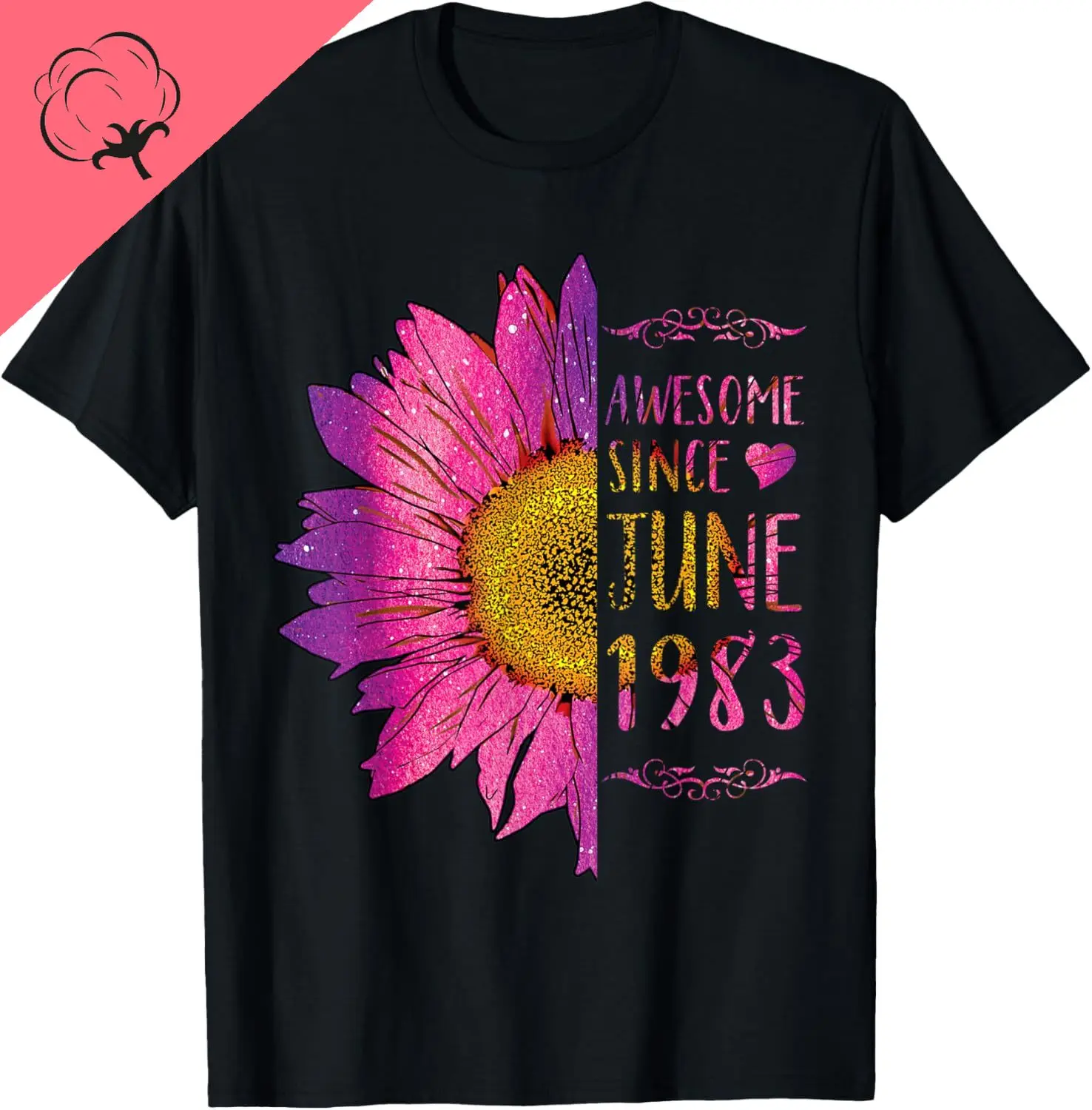 Sunflower Birthday Shirt for Women, Awesome Since June 1983 T-Shirt Streetwear Clothing Breathable and Comfortable Cotton Tee