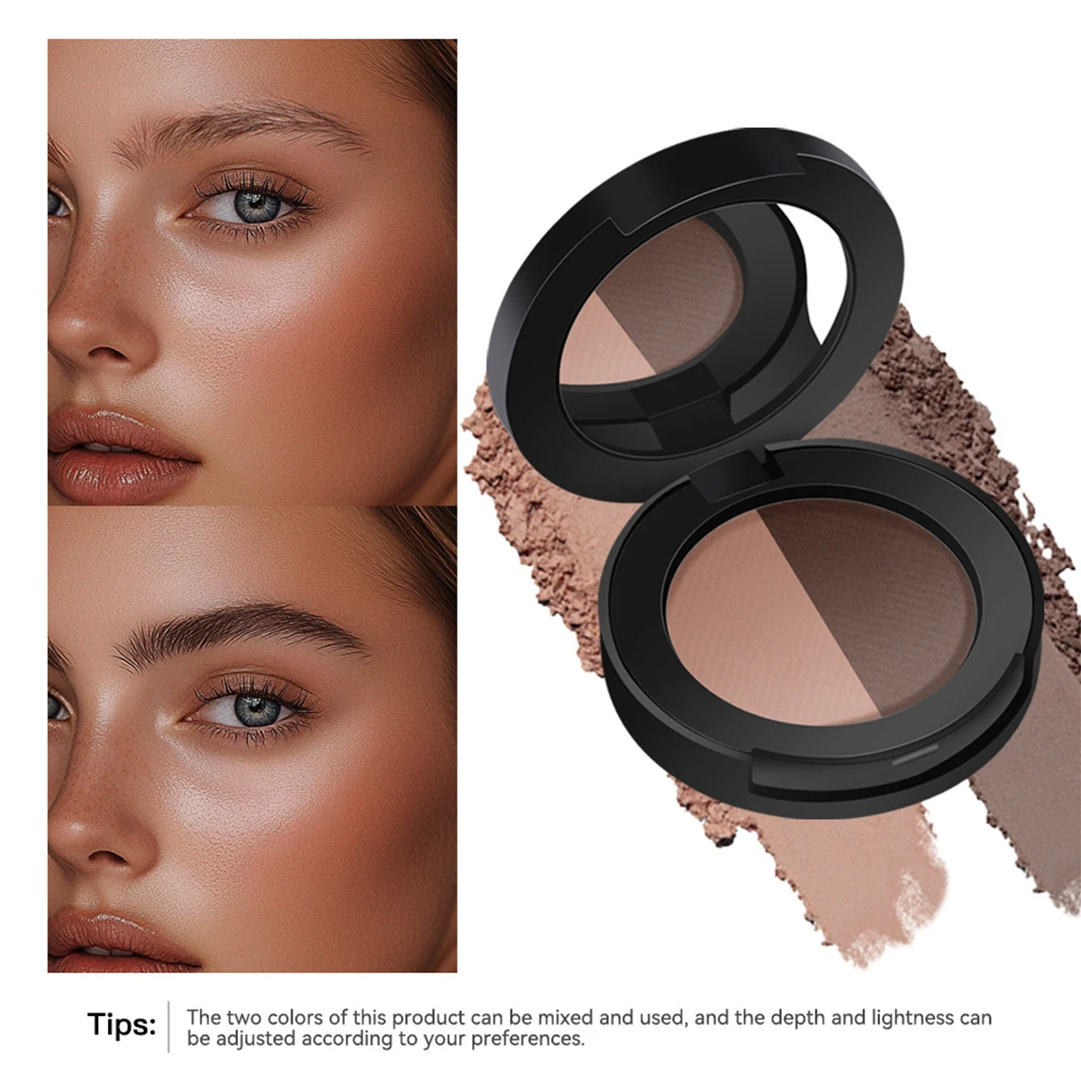 Poudre à sourcils bicolore, poudre d'ombre de nez tridimensionnelle naturelle, non tache naturelle et longue durée