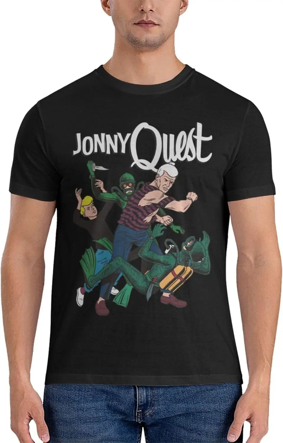 Jonny and Quest Men's Short Sleeve T-Shirt Double Sided Printing Casual Crew Neck Tops Black