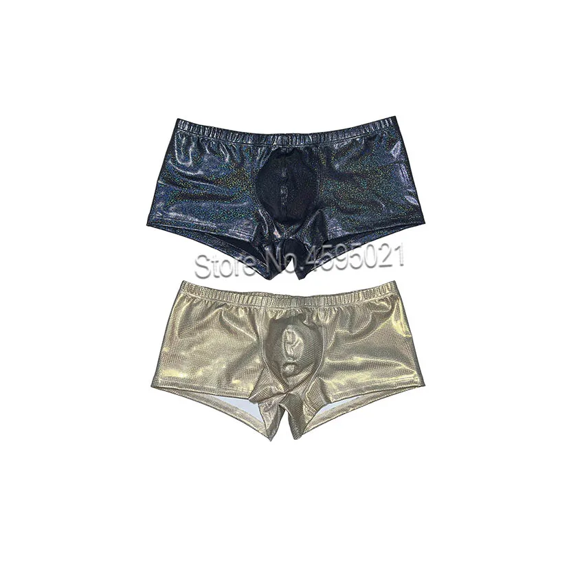 Men's Soft Metallic Dazzle Luxury Leather Boxer Briefs Shiny Sports Underwear Bulge Pouch Panties Hot Trunks