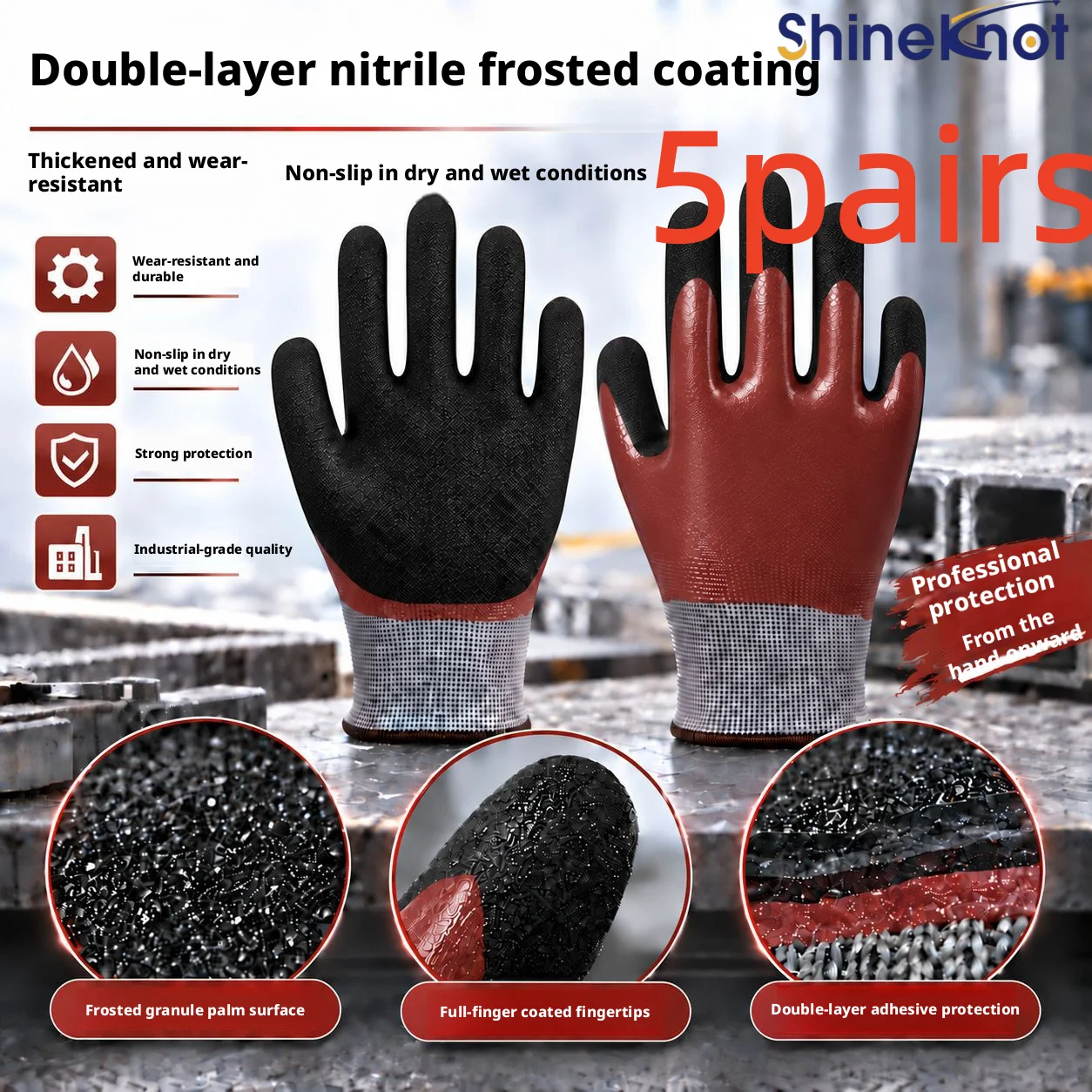 5 Pairs Of Double-Layer Nitrile Labor Protection Gloves Wear-Resistant Waterproof Anti Slip Mechanical Maintenance Gloves