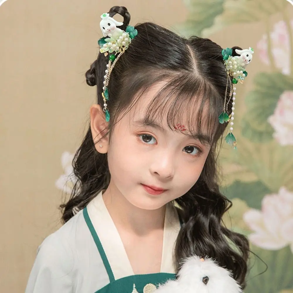 Accesorios para el cabello de princesa Hanfu para niños, pinza para el cabello con forma de conejo, horquilla de estilo chino