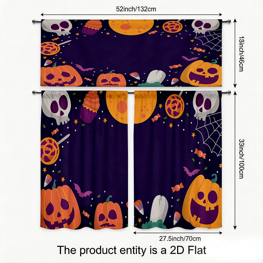 Halloween Fall Kitchen Curtains, Skull Pumpkin Candy, Digital Print, Kitchen Dining Room, Rod Pocket Polyester, Home Decor