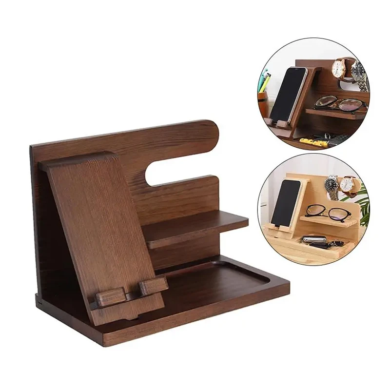 Wooden Phone Holder Bedside Multifunction  Wood Phone Docking Station Key Holder Wallet Stand Watch Organiser Christmas Gifts