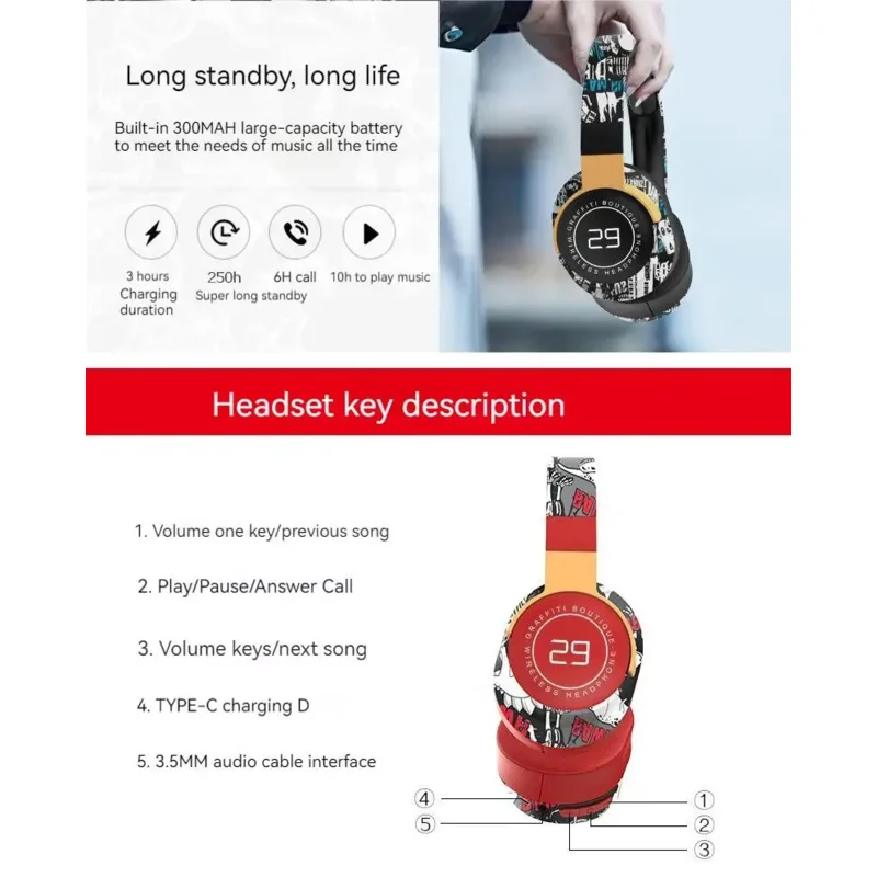 New graffiti wireless 5.1 headphones deep bass earphones noise cancell headphones HiFi sounds quality headsets with mi