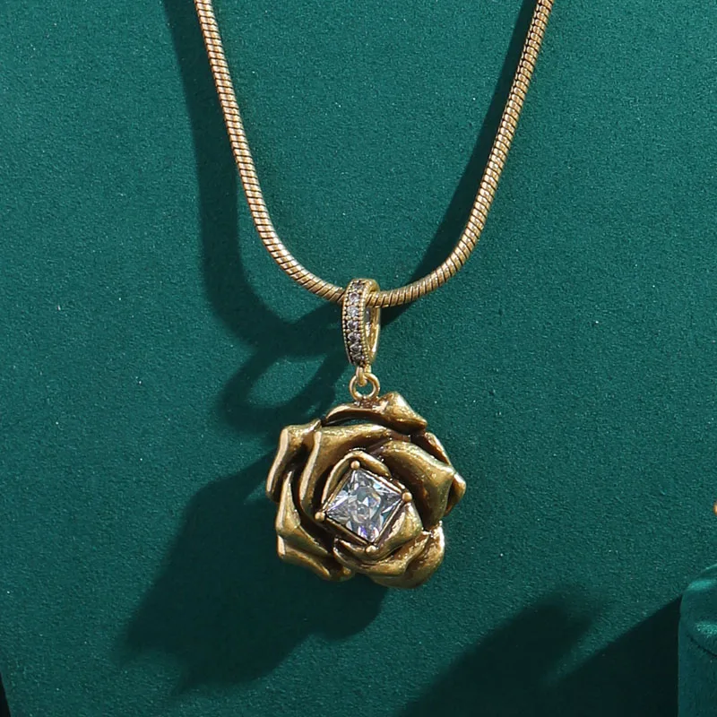 2024 Romantic French Vintage Jewelry Sets Copper Rose Flower Pendant Necklace Square Cubic Zircon Snake Chain Women Accessories