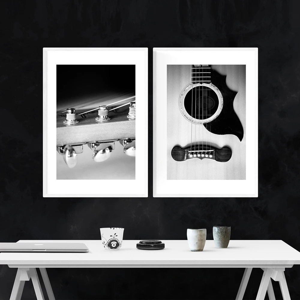 ملصق جيتار بالأبيض والأسود ، فن جداري ، صورة ، ميكروفون ، أعواد أفخاذ ، قماش بيانو ، رسم ، طباعة ، ديكور غرفة الاستوديو #2