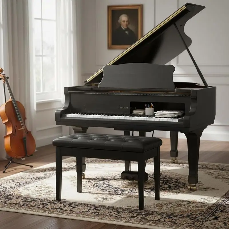 Klavierhocker, Klavierbank mit verstecktem Stauraum, Klavierstuhl mit Kunstlederkissen, Pianobank, Massivholz-Keyboardbank für Klavier, Keyboard, 76 x 36 x 50 cm, Schwarz