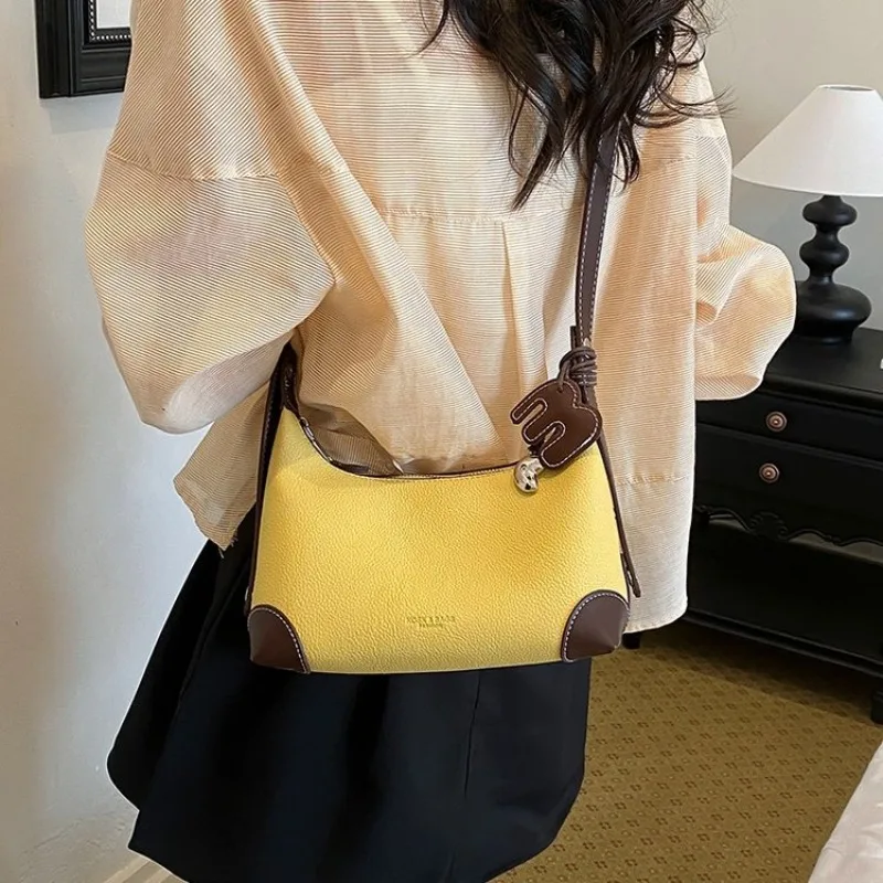 Multi-Color Faux Leather Shoulder Bag with Color-Block Trim, Casual Style for Daily Shopping Dating Commuting Short Trips