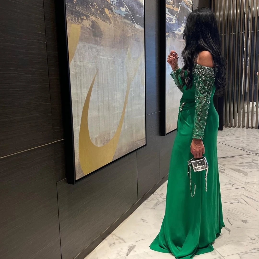 Customized Green Evening Dresses Bateau Neck Beaded Long Sleeves Party Prom Gowns Zipper Back Saudi Arabia Women Wear