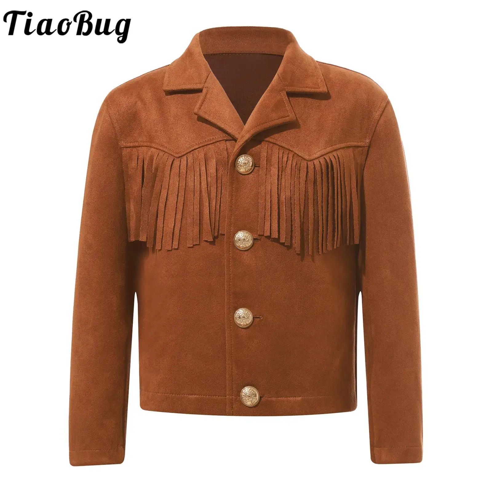 Kids Boys Western Cowboy Costume Coat Lapel Collar Long Sleeve Fringe Tassels Jacket Hippie Halloween Carnival Fancy Dress Up