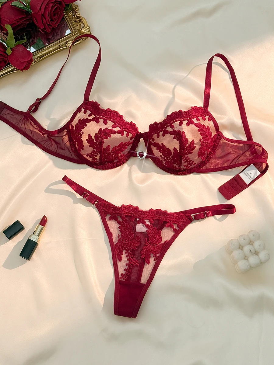 Ensemble de Lingerie 2 pièces pour femmes, oreilles de blé, Style campagne, broderie scintillante en forme de cœur, bretelles réglables