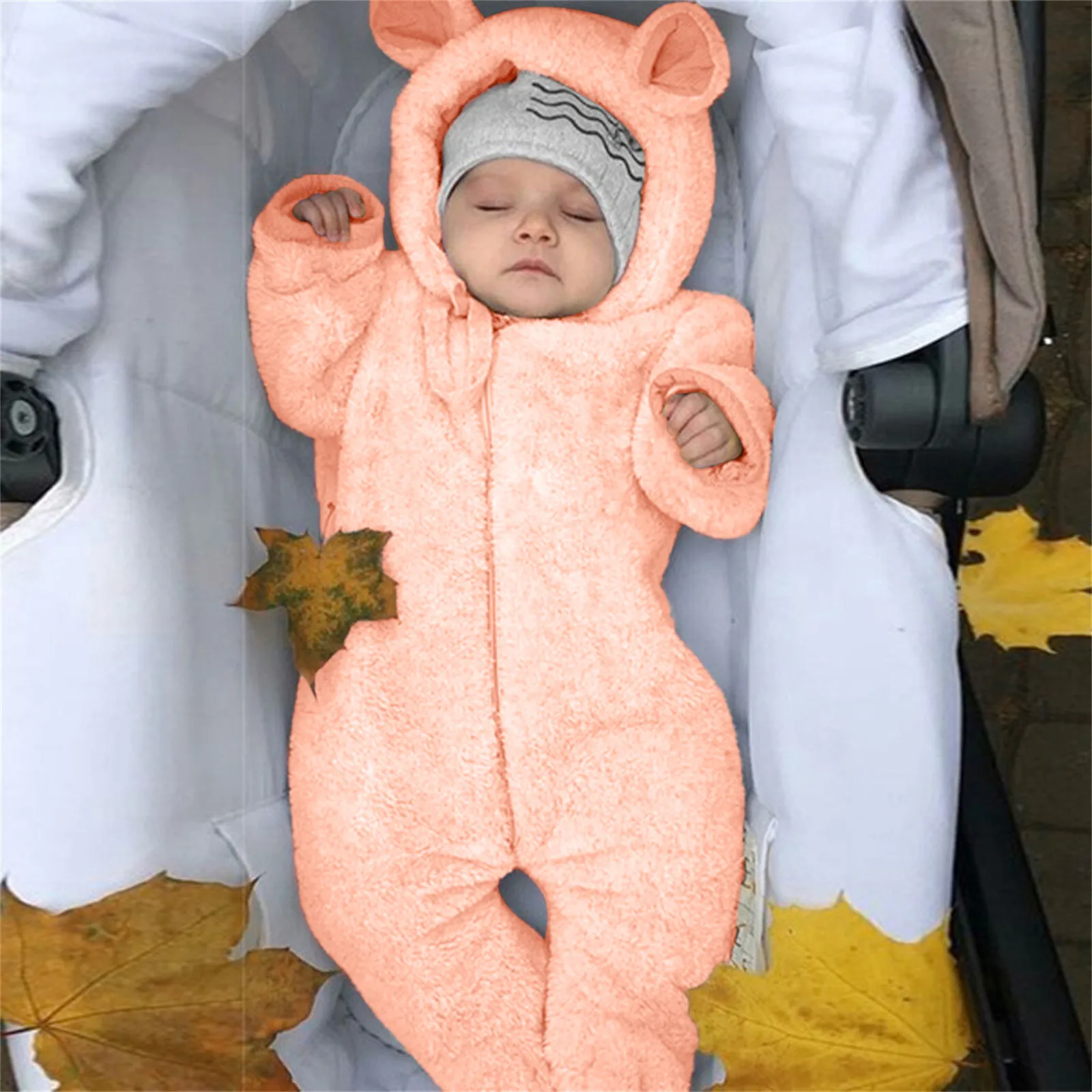 Thickened Winter Baby Blanket Newborn Outdoor Infant Baby Girl Boy Bear Ears Footed Hooded Romper Fleece Jumpsuit Coat