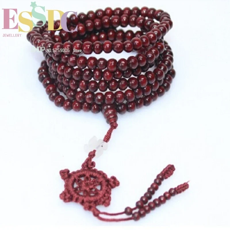 

6mm Sandalwood Beads Buddhist Prayer 216 Mala Chinese Knot Elastic Link Wrist Bracelet Chain for Men or Women
