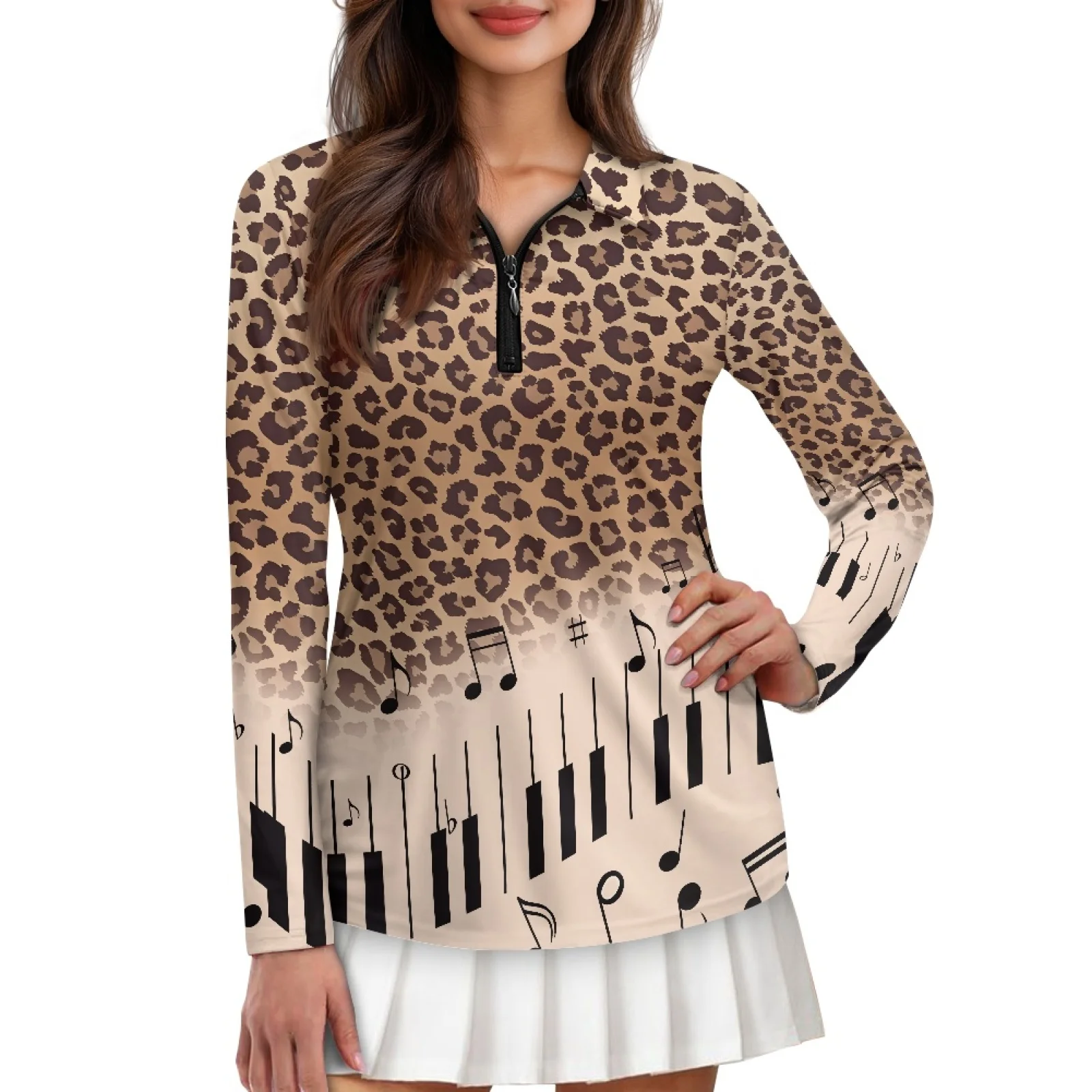 PENSTROLL Leopard Print Womens Machine Washable Athletic Polo Shirts Long Sleeve Golf Tops for Workout
