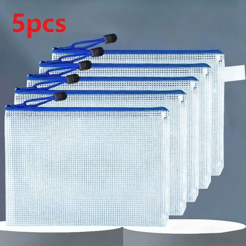 

5pcs Document Bags Mesh Zipper Pouch Waterproof Zipper Folders A4 Document Bag File Folders Storage Bags School Office Supplies