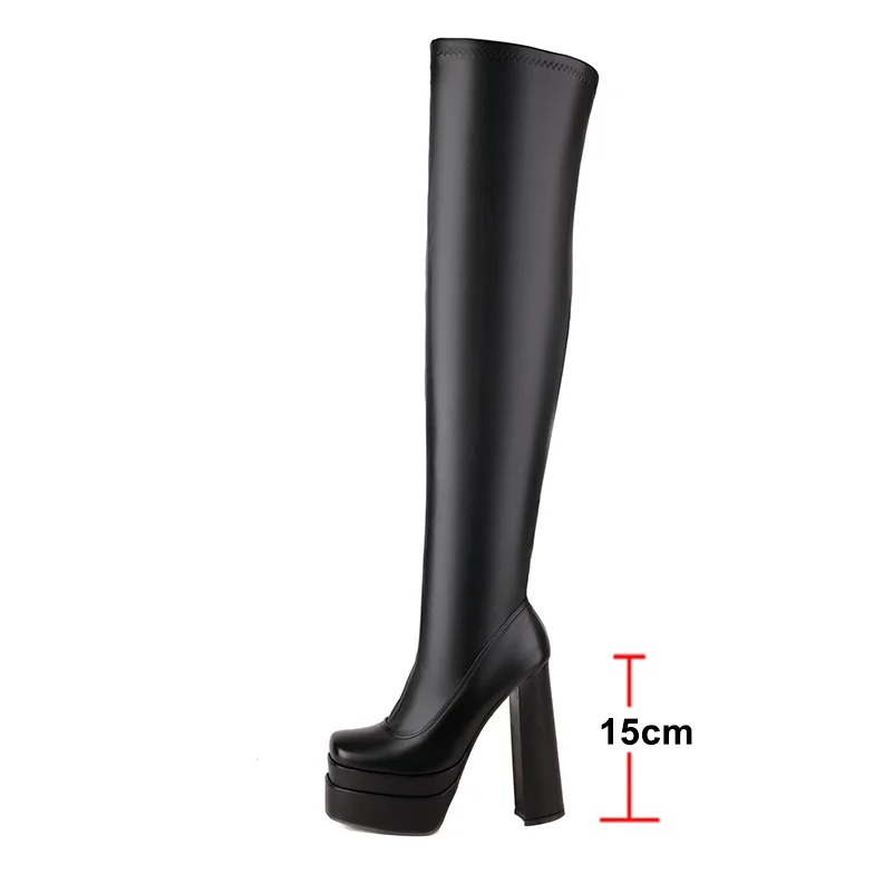 ANNYMOLI Women Pu Leather Strech Boots Thigh High Boots Platform Hoof Heels Sqaure Toe Zipper Sexy Winter Autumn Shoes White