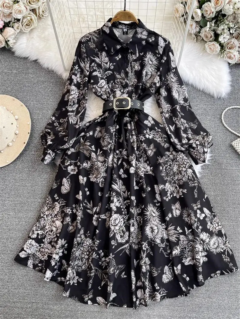 

Spring And Autumn Long Dress Women Light Mature Style Celebrity Elegant Style Full Sleeved Flap Collar Waist Slimming A-Line Pri