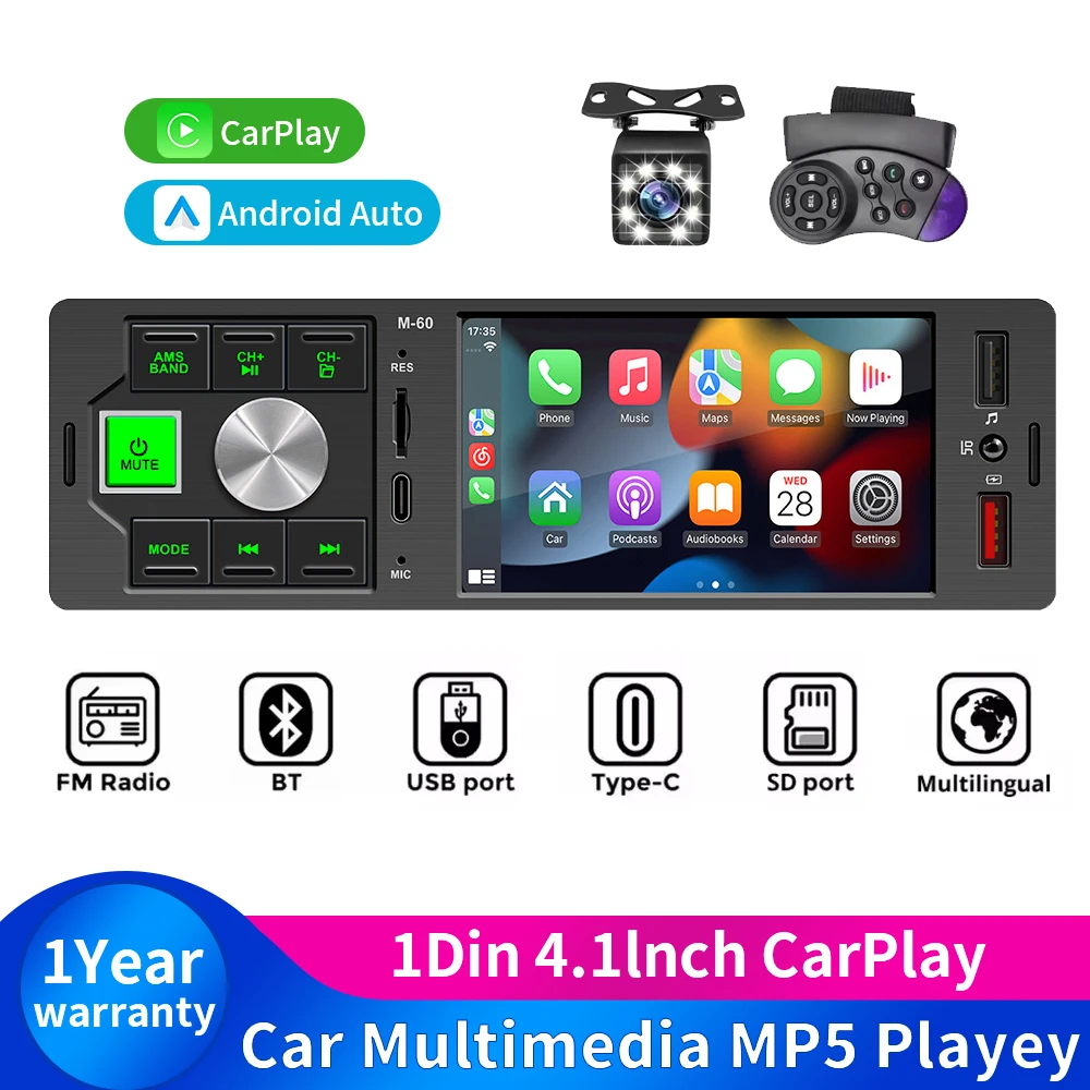 

Car MP5 Multimedia Player 1Din 4.1Inch CarPlay Android Auto Universal Bluetooth Car Radio FM USB Type-C Video input Stereo