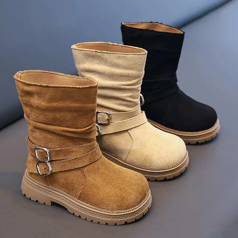 Kids Brown Suede Mid Calf Boots Double Metal Buckle Decor Chunky Non-Slip Sole for Autumn Winter Daily Outdoor Wear Girls' Boots