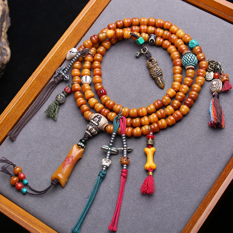 Necklace Bracelet Tibetan Yak Carving Gourd 108 Beads Bone Formless Buddha Three-