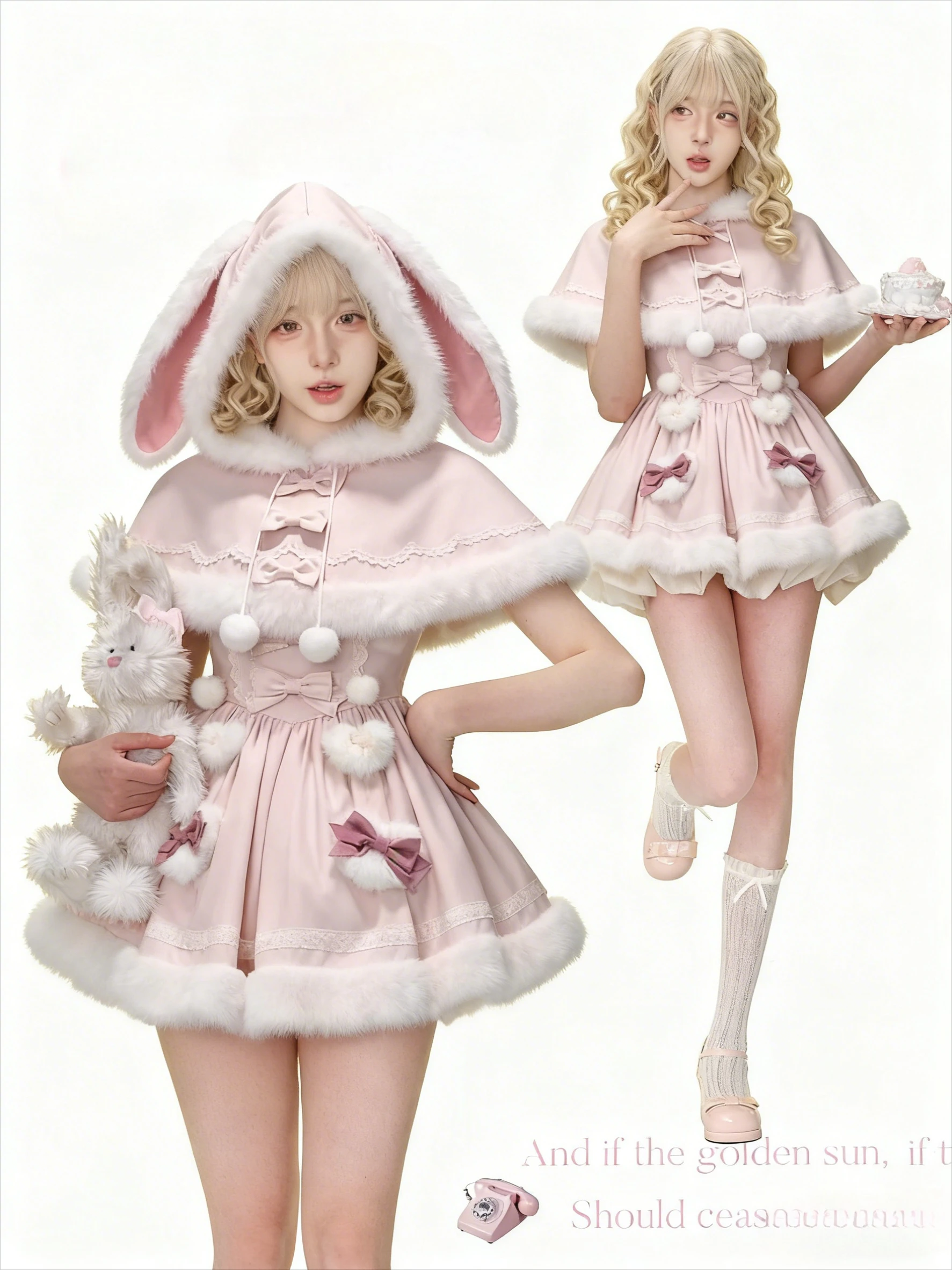 

Sweet Kawaii Coat 2 Piece Set Cute Bow Women Long Sleeve Rabbit Ear Cloak Coat + Strap Skirts Harajuku Japanese Women Clothing