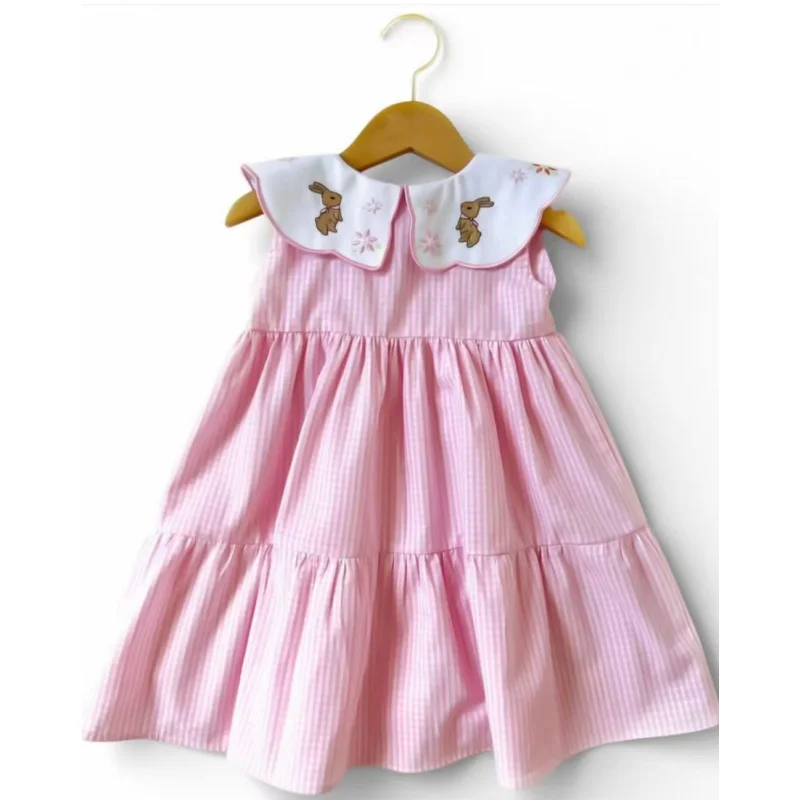 0-12Y Baby Girl Summer Rabbit  Embroidery Vintage Princess Pink Plaid Dress for Birthday Photography Holiday Eid  B531