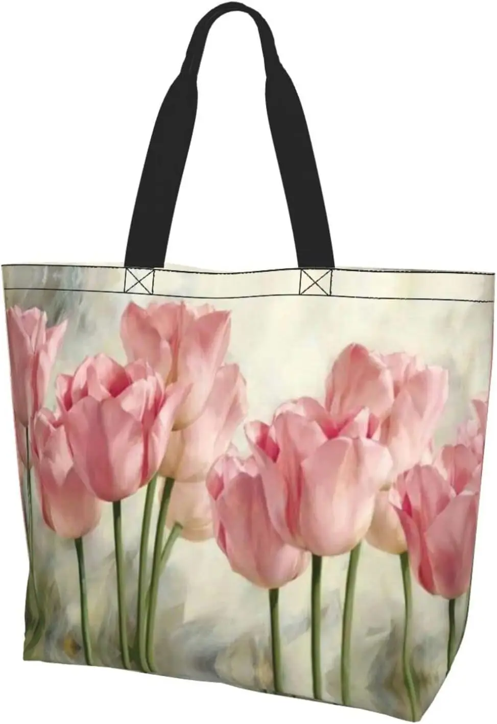 Colorful Tulip Flowers Women Tote Bag Casual Shoulder Bag Spring Summer Handbag Reusable Shopping Travel Grocery Bag Gifts