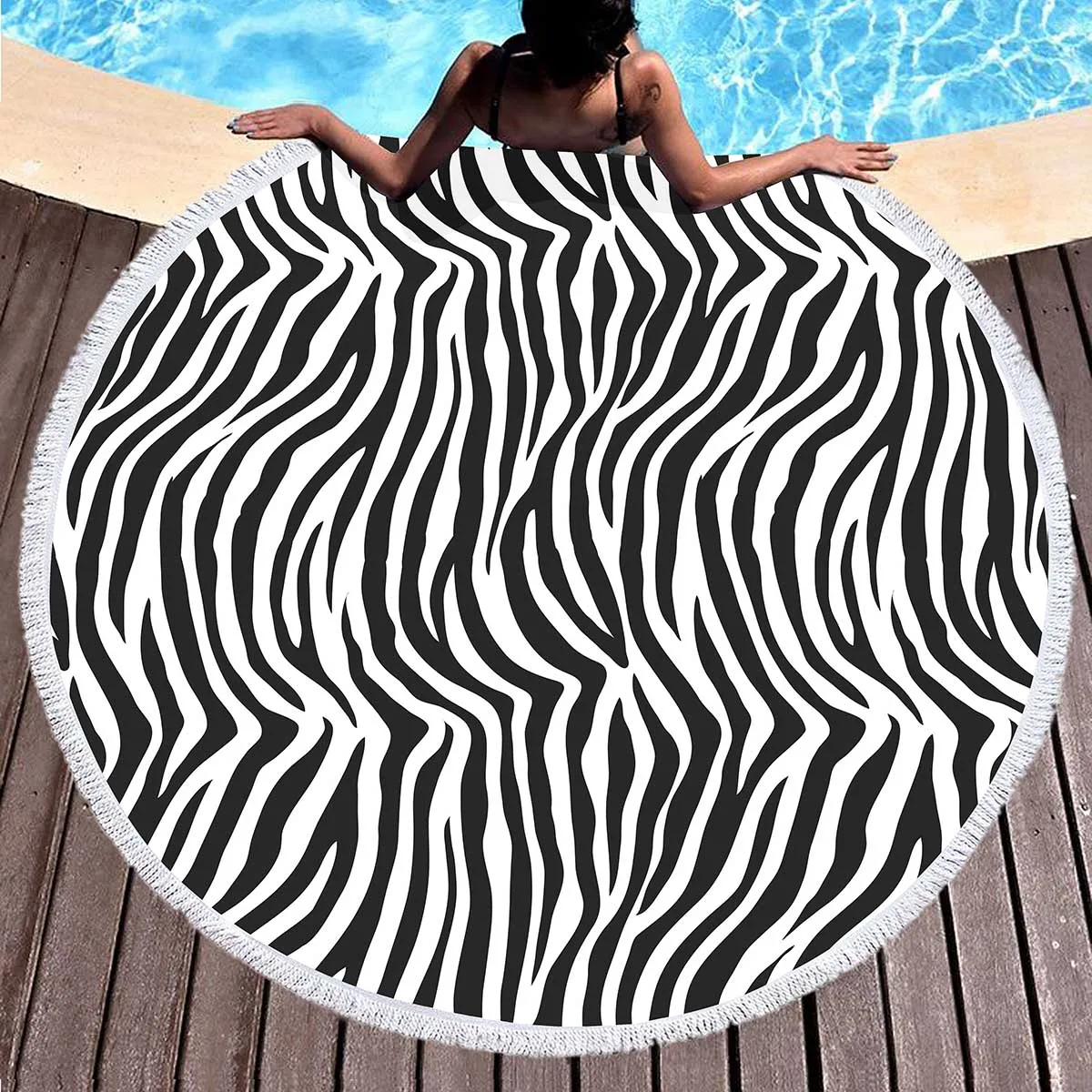 Round Beach Towels Pool Towel,Zebra Texture Black Lightweight Absorbent Sand Proof Beach Blanket for Swimming Sports Beach Gym