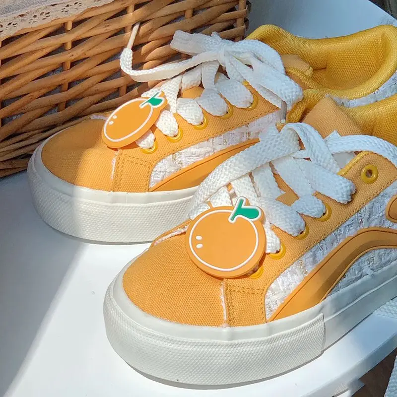 Designer Women Breathable Orange Sneakers Cute Canvas Shoes Thick Heel Sneakers Casual Running Platform Y2K Lolita Bread Shoes