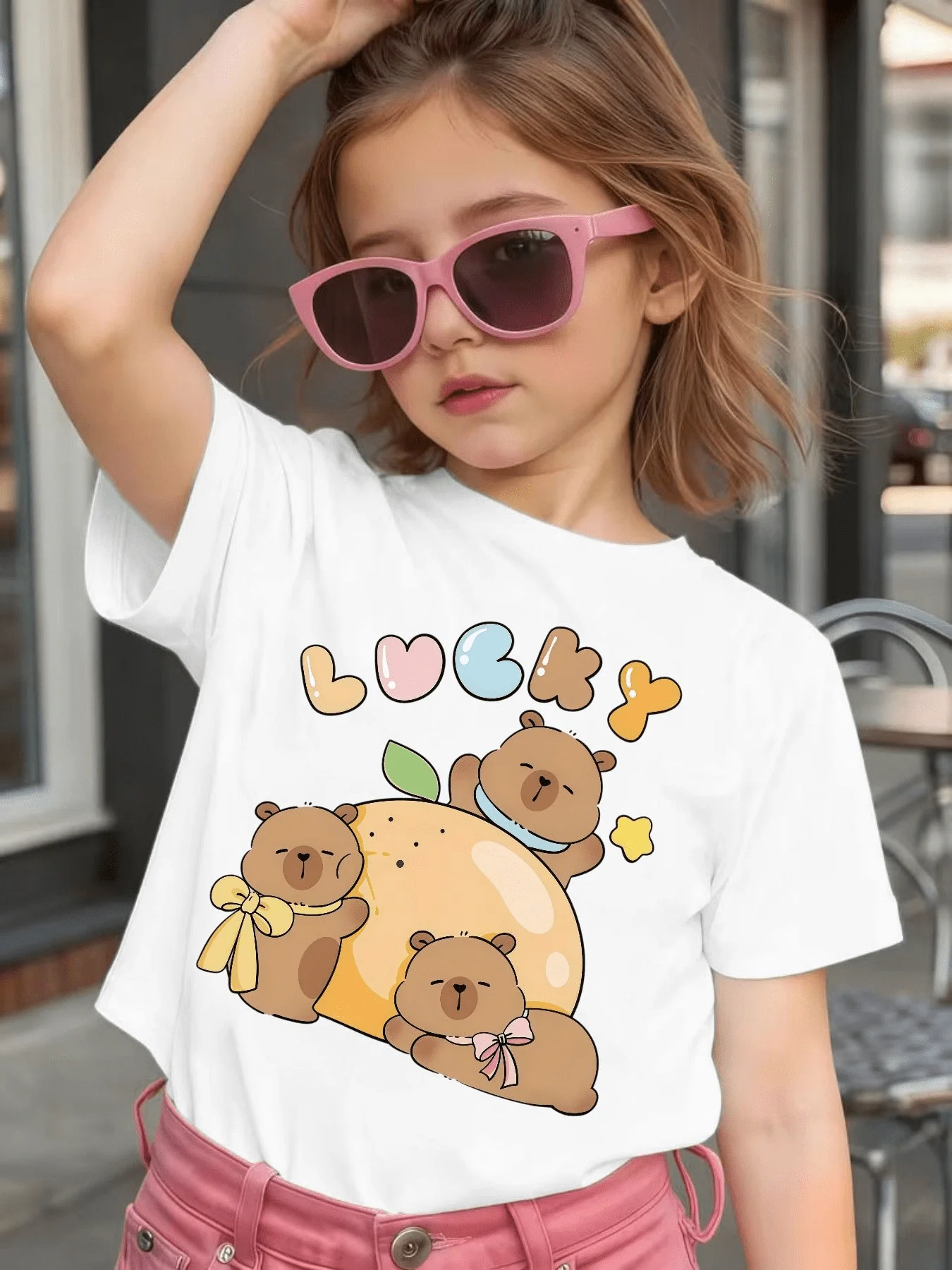 Parent Child Tee Three Cute Lucky Bears Fruit Star Letter Print Boys Girls Soft Short Sleeve Sweet Daily Family Casual Tops
