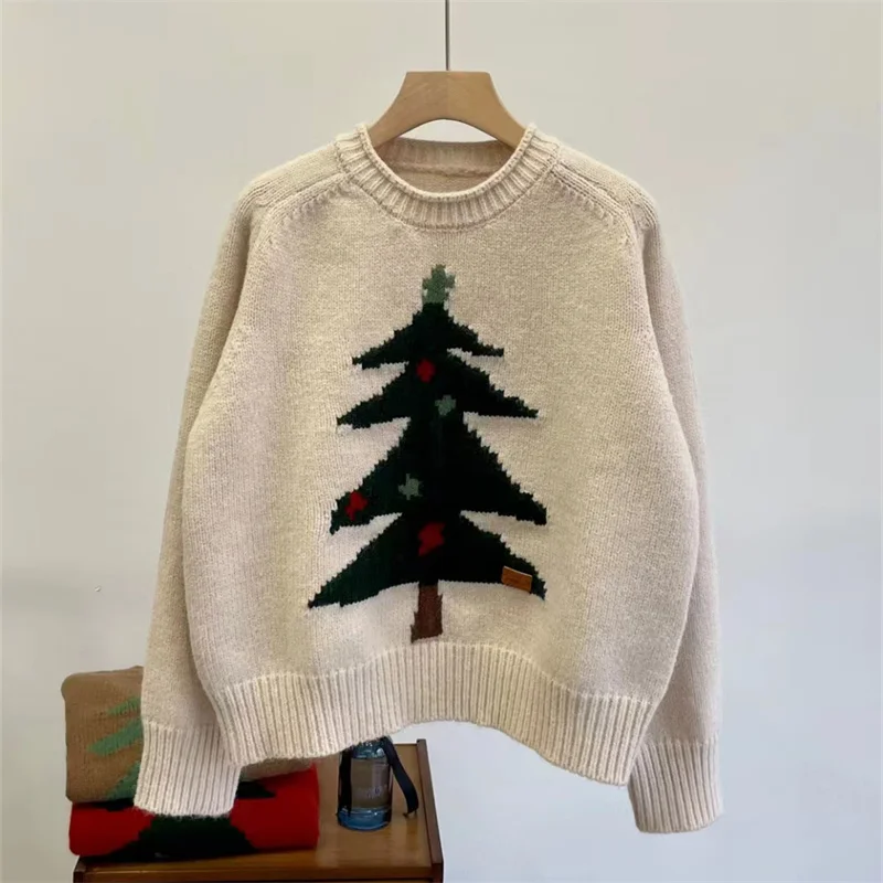 

EBAIHUI Christmas Women's Sweater Cute Christmas Tree Jacquard Ladies Knitwear Autumn Winter New Round Neck Long Sleeve Pullover