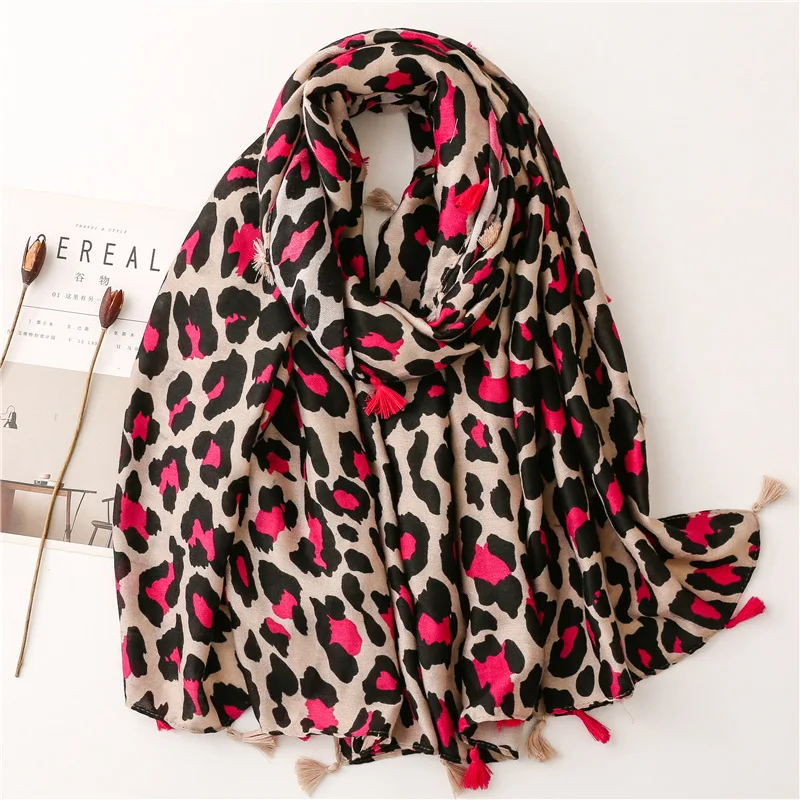 Bufanda de viscosa de marca de lujo para mujer, chal Sexy con borla Floral de leopardo, Pashminas, Hijab musulmán, Sjaal, 180x90Cm, Otoño e Invierno