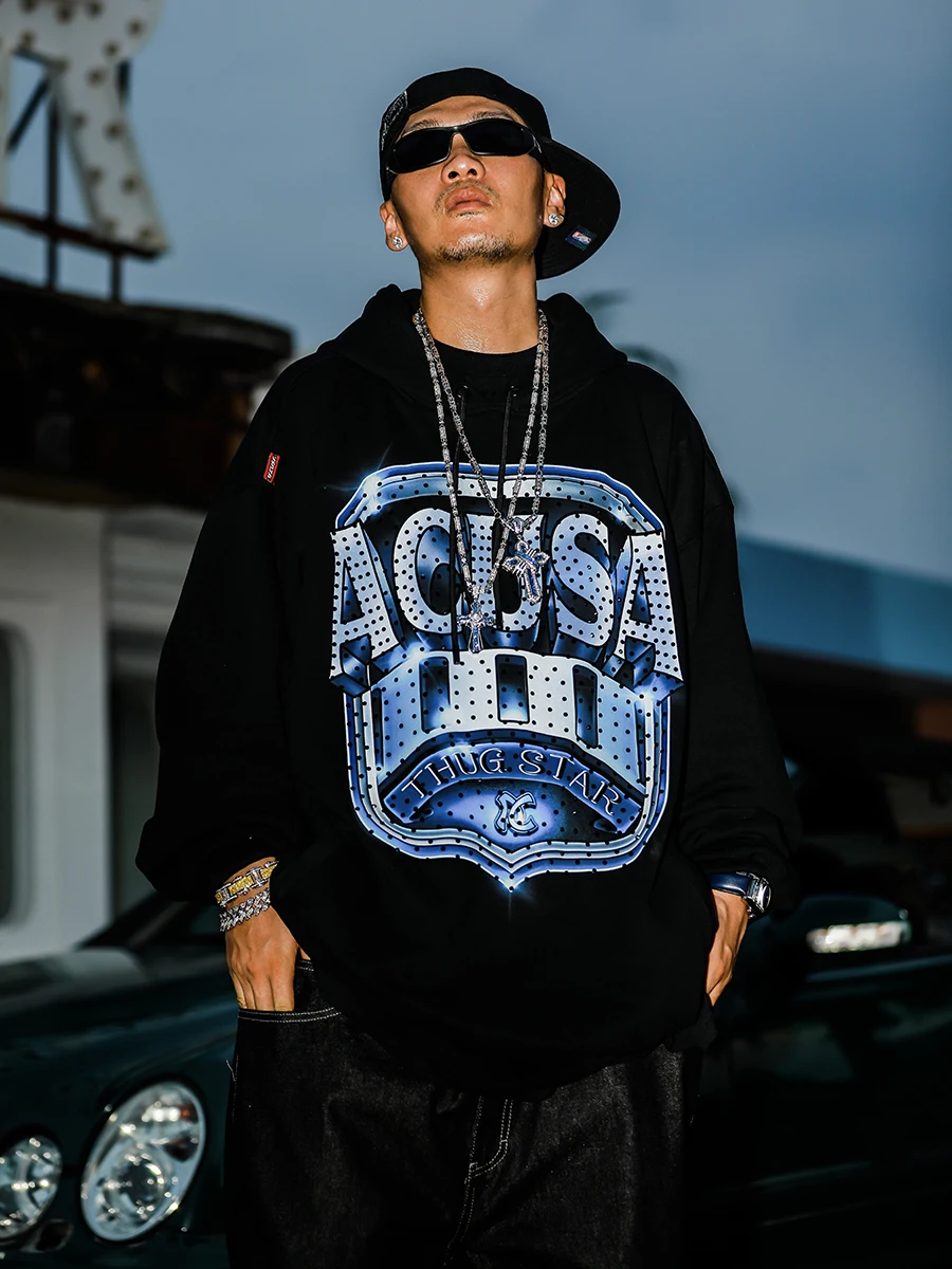ACUSA Black Diamond Shield Spray Painted Hoodie Heavyweight 480g South Southern Hip Hop Style Geometric Pattern Unisex Sweats...