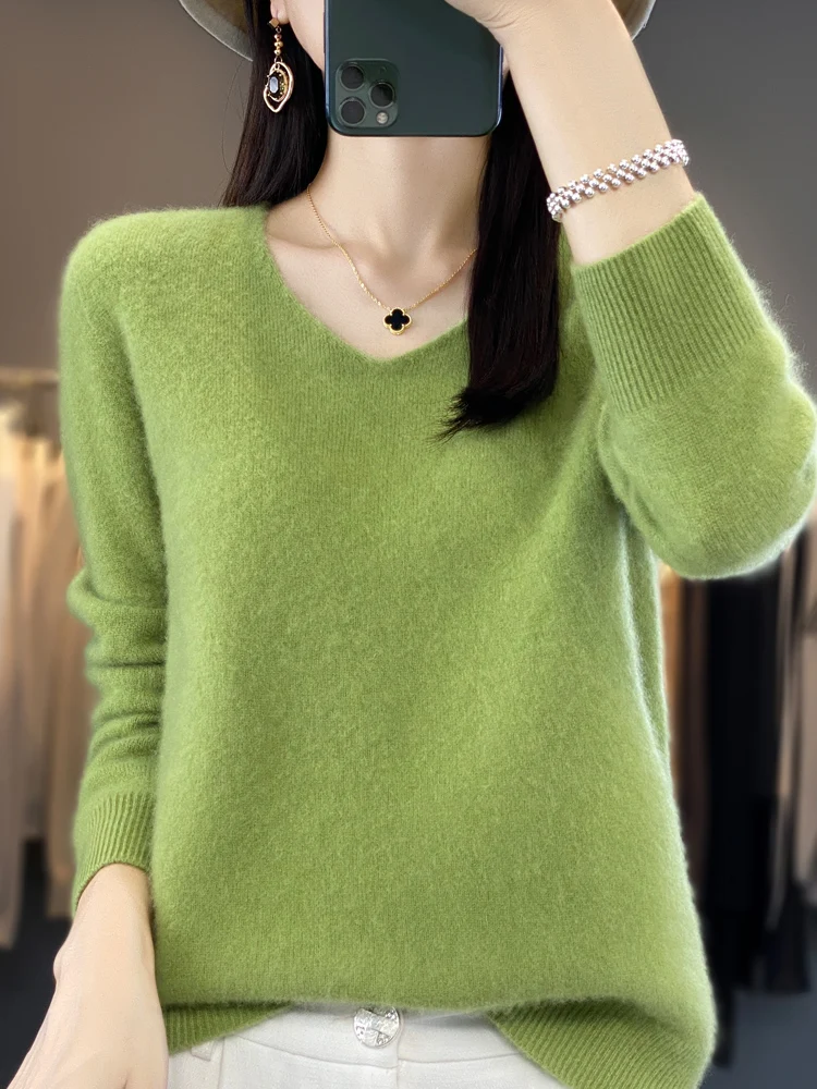 Women's Sweater 2023 Autumn Winter 100% Wool Knitted Pullovers V-neck Slim Fit Bottoming Shirt Solid Soft Jumpers Basic Sweaters