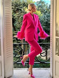 Fashion Women Feathers Sleeve Blazer Suit 2024 Spring Trend Chic Trousers 2 Piece Set Elegant Office Ladies Solid Suits Outfits