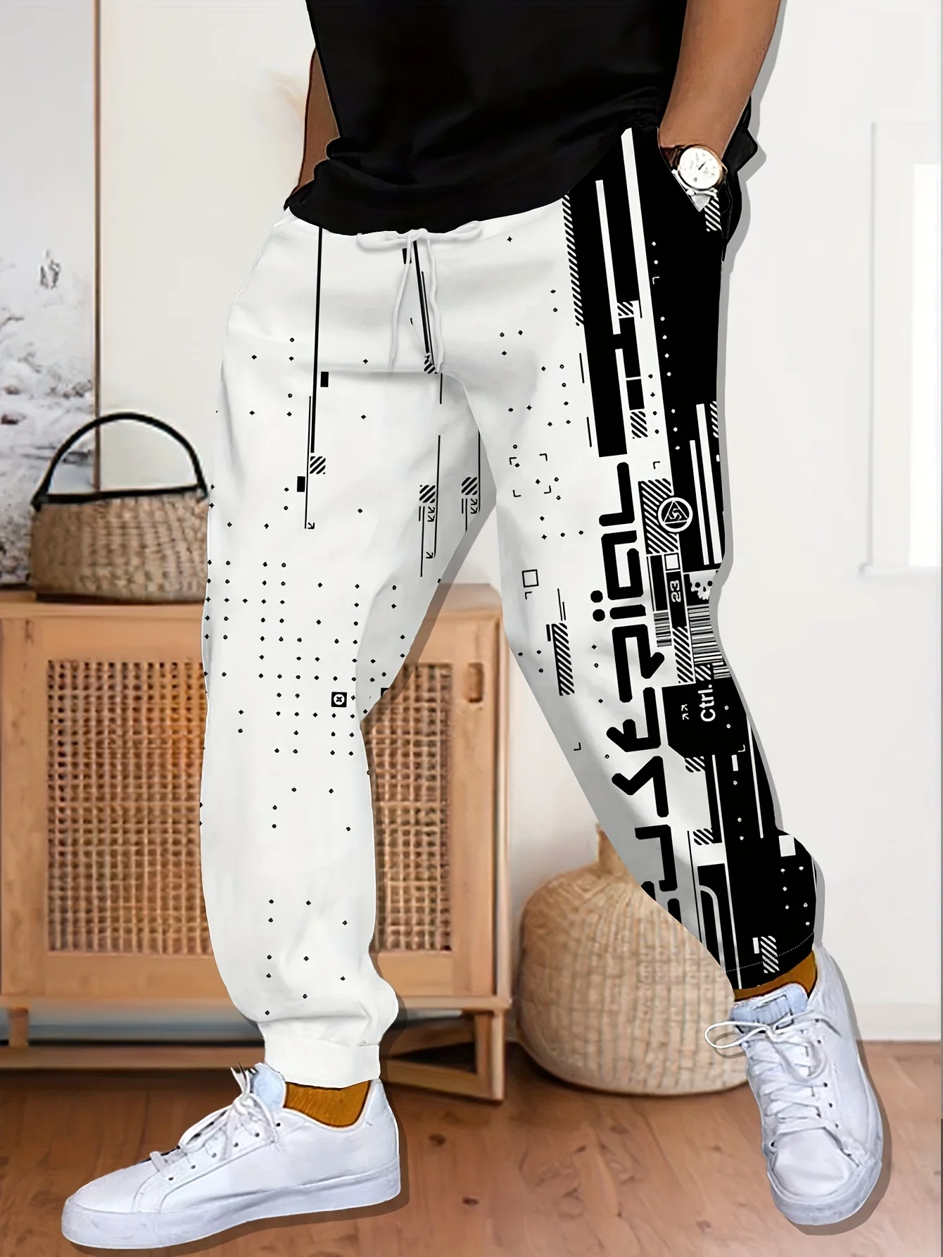 Black and White Geometry Pattern 3D Print Matching Color Sweatpants  pants Casaul Men Casual Pocket Drawstring Sweatpants