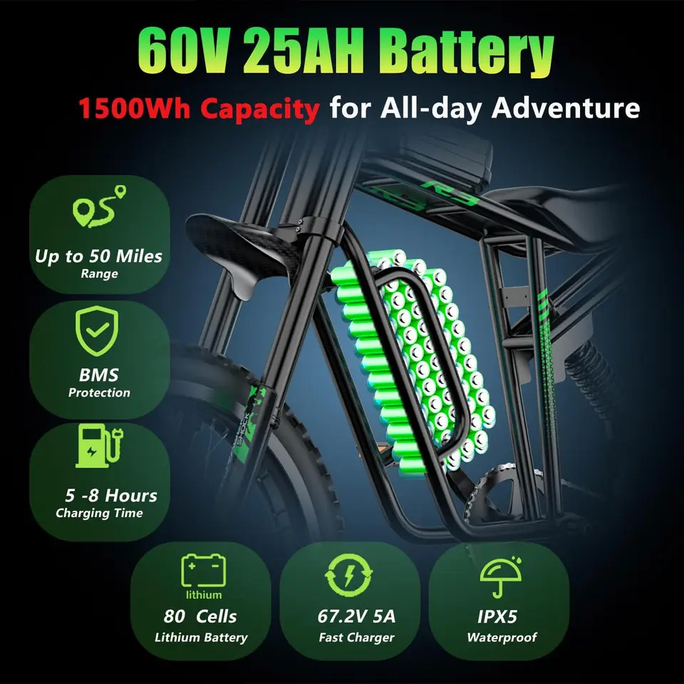 R3 50MPH Electric Dirt Bike 60V25Ah 1500Wh Battery 6000W Electric Bike Max 50Miles Ebike 19" Motorcycle Dual Hydraulic Brake image 4